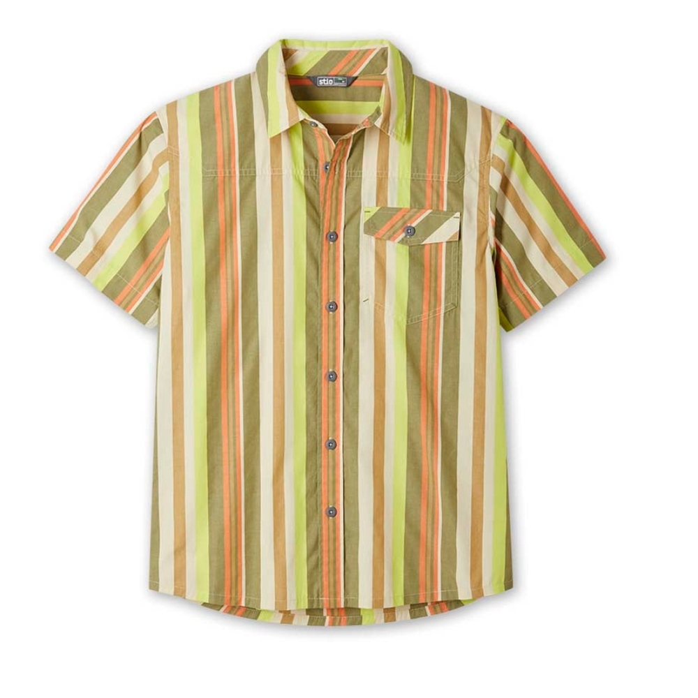 Mens Stio Curtis Camp Shirt Striped Button Down Green & Orange Size L Outdoor